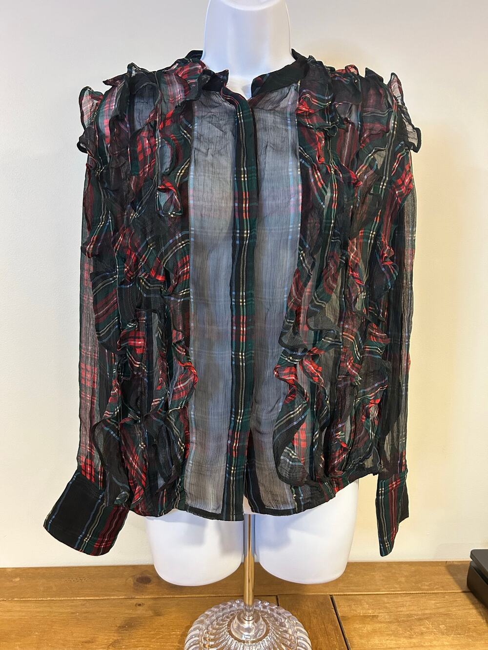 J.Crew Sz 0 Ruffle-Front Top Tartan Crinkle Cupro Sheer Plaid Button Preppy